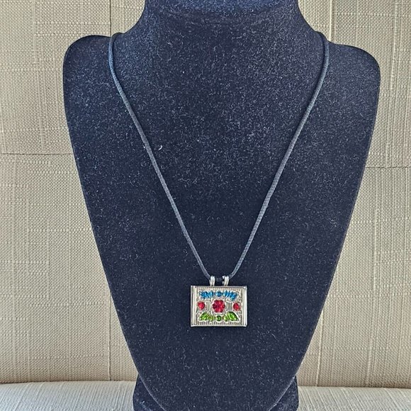 Religious Necklace Taweez Pendant Silver Tone Multi color Enamel W/ Black Cord - Picture 6 of 10